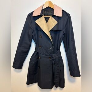 COACH New York Doubled Breasted Trench Coat | Navy Beige Pink | Size Medium